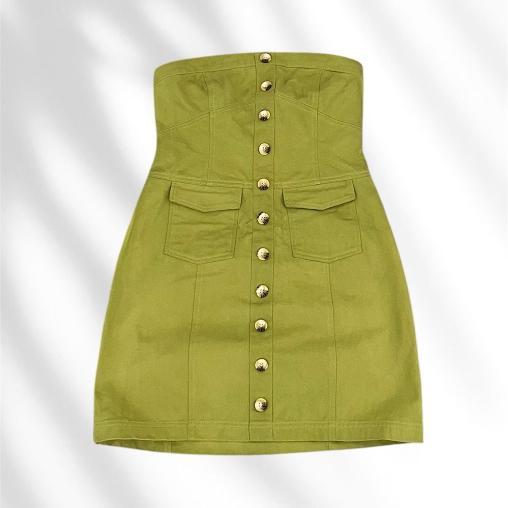 MINK PINK Women's Olive Green Strapless Button Front Utility Mini Dress BOHO